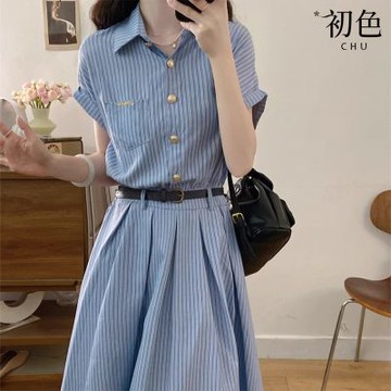 初色 韓系翻領短袖條紋收腰修身中長連衣裙連身洋裝-藍色-14745(M-2XL可選)