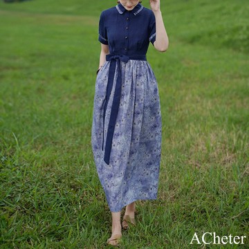 【ACheter】棉麻連身裙短袖文藝印花拼接高腰顯瘦氣質長版洋裝# 122511(現貨+預購)