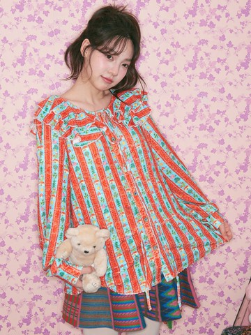 紅綠豎條紋蕾絲面料花邊領襯衫田園風童趣復古