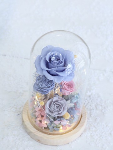 Fl0275-01 永生花玻璃罩-霧粉藍