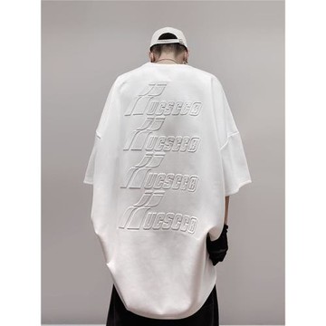 UUCSCC高街潮牌oversize圓領五分袖寬松休閑麂皮壓花重磅短袖T恤