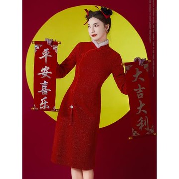 新中式加厚旗袍改良中長款過年拜年亮片毛領裙子大碼中國風連衣裙