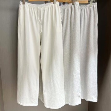 Brandy bm新款松緊腰系帶寬松闊腿褲BM白色純棉直筒褲休閑褲長褲