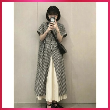 WYZ夏日 洋裝女 2026新款 日系溫柔格紋開襟長洋裝 小眾寬鬆疊穿兩件式長裙 顯瘦氣質