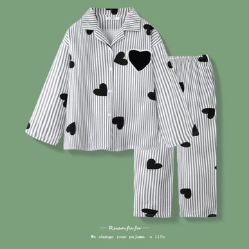 條紋愛心高級感睡衣女款春秋季純棉長袖長褲開衫情侶家居服套裝男