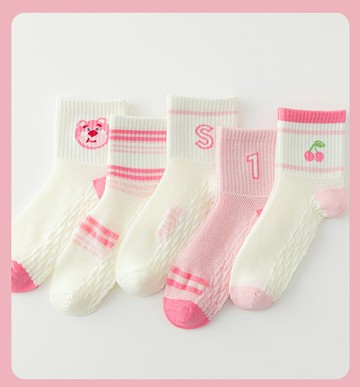 love, charlotte - 櫻桃粉紅熊網眼中筒棉襪-5 雙一組