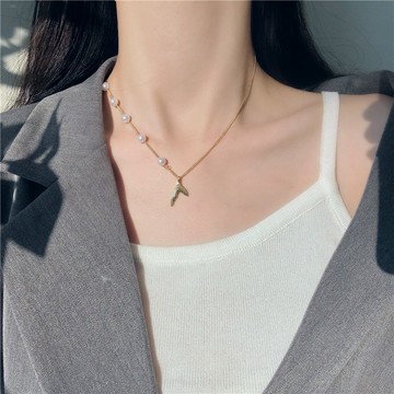 現貨-韓國氣質簡約超仙珍珠魚尾項鍊女甜美可愛個性頸鍊鎖骨鏈女-D49