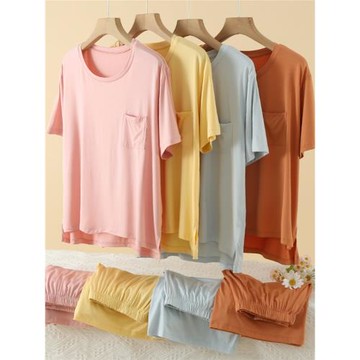 優可絲木纖維睡衣女夏季薄款短袖短褲寬松可愛純色可外穿家居服