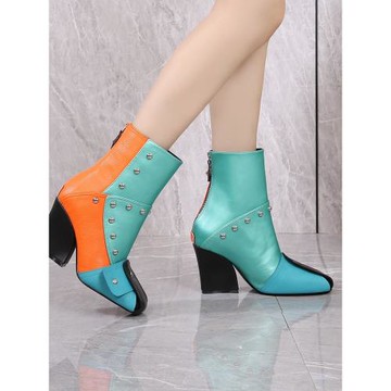 2025秋時尚新款后拉鏈氣質異型高跟拼色鉚釘便捷方頭軟底靴子女
