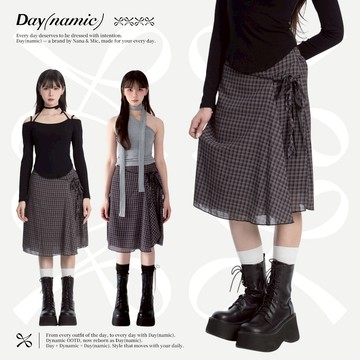 【Day(namic) 全店現貨】甜酷風 D19 綁帶雙層格紋裙 韓系 格子裙 包臀裙 a字裙 半身裙 復古裙 裙子