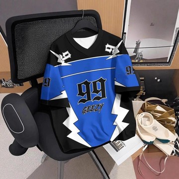 現款免運 大碼美式球衣 冰球服 橄欖服 數字球衣 26夏季爆款美式復古V領冰球服T恤短袖男女夏季拼接運動袖上衣Zh