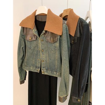 針織領拼接皮牛仔外套女春季2025新款韓版寬松顯瘦復古夾克上衣潮