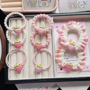 🥇隔日達出💎可愛粉色草莓髮圈水果組合髮飾少女甜美頭繩學生皮筋情侶閨蜜手鍊