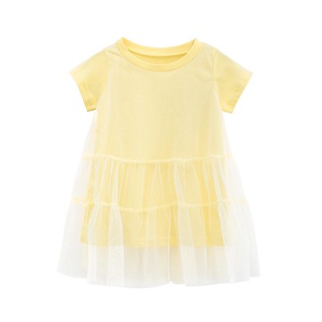 27home - 純棉網紗拼接短袖連身裙-淺黃