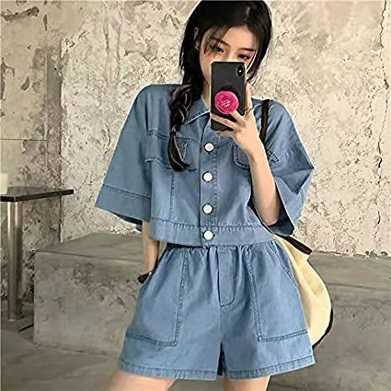 デニムセットアップ ベアトップ×ワイドパンツ 韓国系 S4546 デニムセットアップ ベアトップ×ワイドパンツ 韓国系 S4546