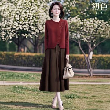 初色 復古風盤扣圓領長袖針織衫上衣女上衣+純色修身半身裙套裝-紅衣咖裙-15898(F可選)