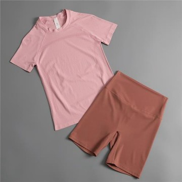 夏季新款運動短袖女套裝跑步速干透氣瑜伽上衣修身顯瘦騎行健身服