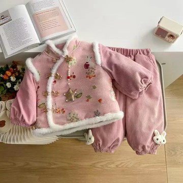 1萬人收藏~女童套装兒童加绒加厚冬季兩件套拜年服女寶寶冬装 女童套裝 兒童秋冬兩件套 中小童套裝 加厚保暖