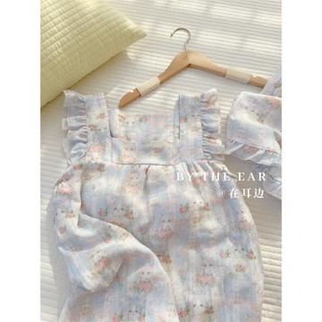 (免運)貓咪精靈｜竹棉雙層紗帶胸墊吊帶短褲睡衣柔軟薄款紗布睡裙家居服