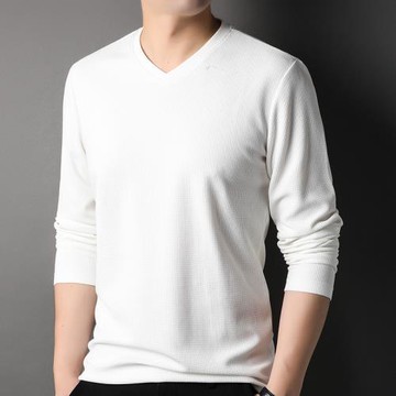 春秋季休閑V領男士純色桑蠶絲長袖t恤華夫格中青年男裝棉體恤上衣