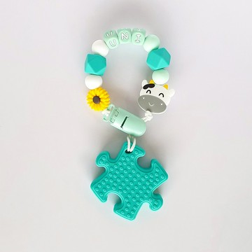 客製化 27公分 UNI 雛菊 牛 湖水綠拼圖固齒器