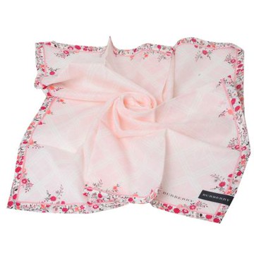 BURBERRY 巴寶莉 經典斜格紋繽紛花朵圖騰滾邊品牌字母LOGO棉質大帕領巾(粉紅系/56CM)