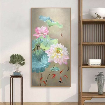 免運 裝飾畫 玄關裝飾畫 風水 入戶玄關蓮花荷葉純手繪油畫客廳走廊辦公室茶室中式掛畫禪意蓮花 可開發票 全館六折 工廠現貨直銷 新品特價 c11122