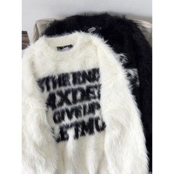 美式高街情侶毛絨軟糯毛衣男女秋冬仿貂毛慵懶寬松字母針織衫外穿