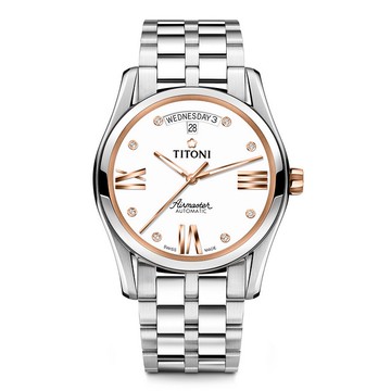 【TITONI瑞士梅花錶】 新空中霸王系列 玫瑰金/白/不鏽鋼鍊帶39mm(93808 SRG-616)