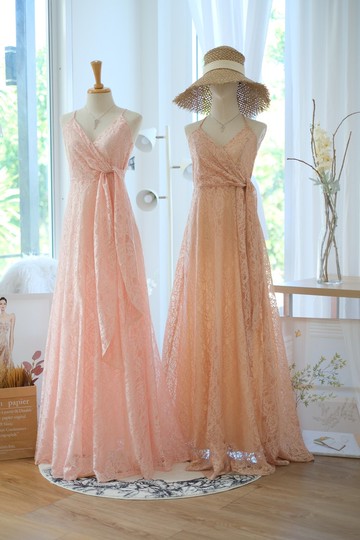 粉紅色長款蕾絲禮服 伴娘服 新娘服 晚宴服