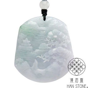 【漢石齋】天然翡翠A貨 山水玉佩吊墜 冰糯種春帶彩(48*54*12mm)