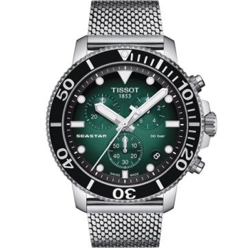 TISSOT 天梭 官方授權 Seastar 海星300米潛水石英錶-鋼帶款(T1204171109100)綠-45.5mm(送原廠錶帶)