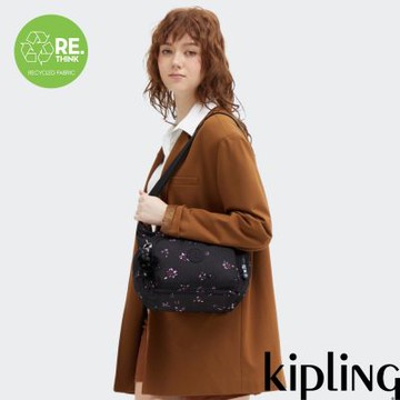『牛角包』Kipling (網路獨家款)黑底印花輕巧多袋實用側背包-GABB S