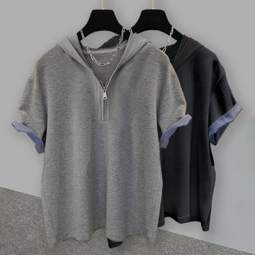 假兩件拼接短袖t卹男夏韓版潮流帥氣純色寬鬆半拉鍊連帽體卹上衣 男裝連帽寬鬆上衣 季夏短袖休閒上衣 H0312
