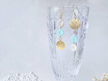 願 手工蕾絲 圓形 拉絲直紋 金片 925銀耳環