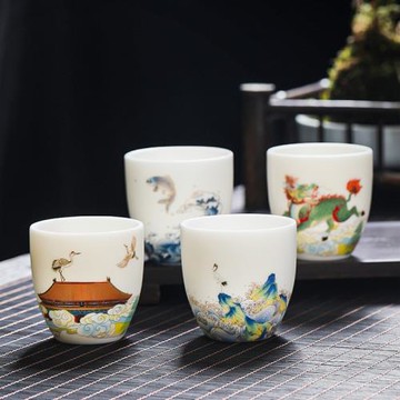 羊脂玉白瓷茶杯4個裝高檔功夫茶具單杯主人杯4個禮盒套裝茶杯對杯