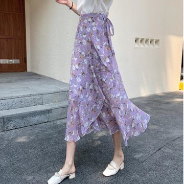 波西米亞荷葉邊系帶長裙子女夏季高腰包臀裙碎花雪紡一片式半身裙