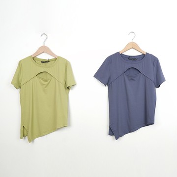 【MASTINA】鏤空細節彈性短袖上衣 綠 灰