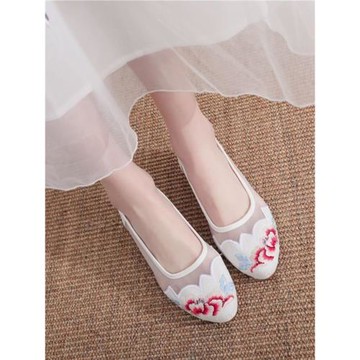 新款2025夏季網紗繡花布鞋網鞋增高民族風軟底高跟時尚尖頭女單鞋