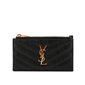 YSL 山形紋荔枝皮金字Logo拉鍊卡片/零錢夾/黑色