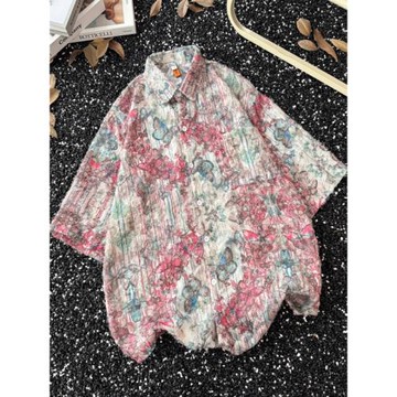 美式蝴蝶滿印短袖襯衫男女夏季潮流寬松毛邊襯衣痞帥情侶半袖外套