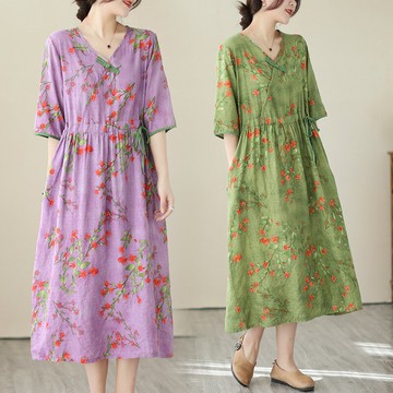 【巴黎精品】現貨+預購 連身裙短袖洋裝-民族復古風碎花連身女裙子2色a1bn72