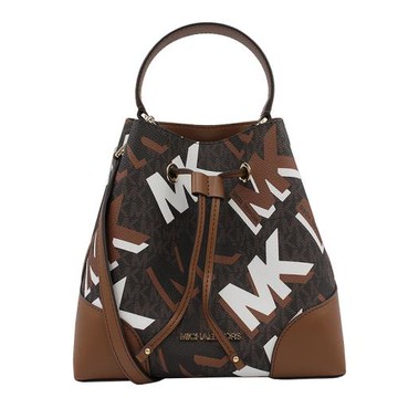 【Michael Kors】經典塗鴉LOGO拼接皮革兩用束口水桶包/手提/肩斜背包-咖啡