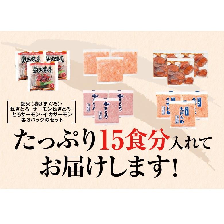 大人気の海鮮丼をどっさり★海鮮丼詰合せ計１５食 （マグロ漬け3p＋ネギトロ3P サーモンネギトロ3p トロサーモン3p イカサーモン3P）［冷凍］