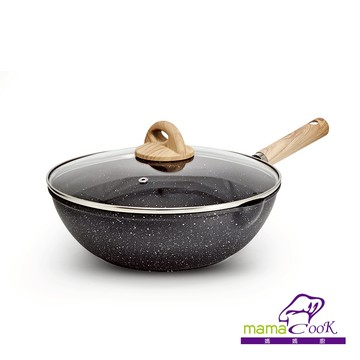 【mama cook】鈦晶黑礦木紋不沾炒鍋組28cm/附鍋蓋/IH電磁爐適用