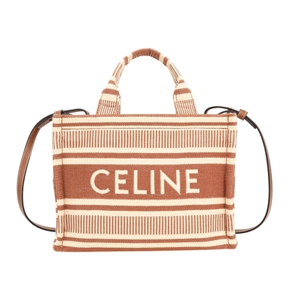 CELINE 賽琳 CABAS THAIS 小型 條紋字母帆布肩背手提托特包(磚紅)