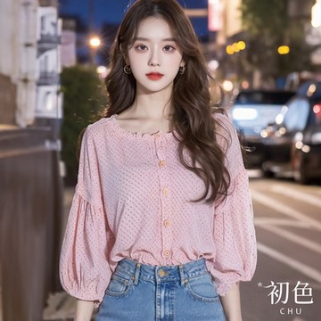 初色 法式波點顯瘦澎袖輕薄圓領七分長袖襯衫上衣女上衣-粉色-35055(M-3XL可選)
