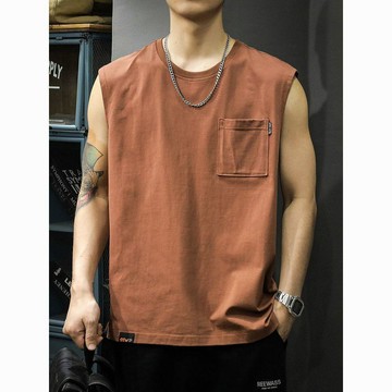 新款時尚簡約男士無袖背心男夏季運動潮流寬鬆休閒百搭口袋款上衣