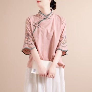 繡花唐裝半袖女 中國風禪意茶服漢服改良中式棉麻襯衫盤扣旗袍上衣 夏季女裝 短袖t恤 中大尺碼女裝 短袖上衣 寬鬆上衣短袖