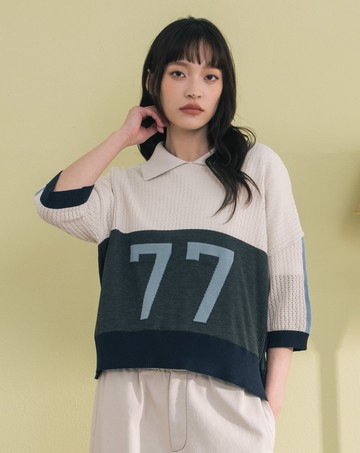 數字撞色拼接polo領針織上衣(兩色)